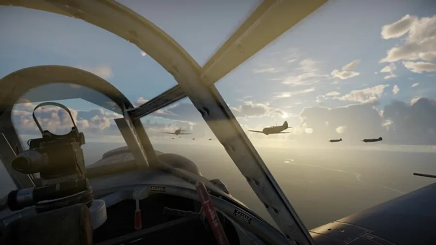 Capture d'écran du simulateur de vol VR Aces of Thunder montrant une vue cockpit d'avion de la Seconde Guerre mondiale avec des commandes réalistes