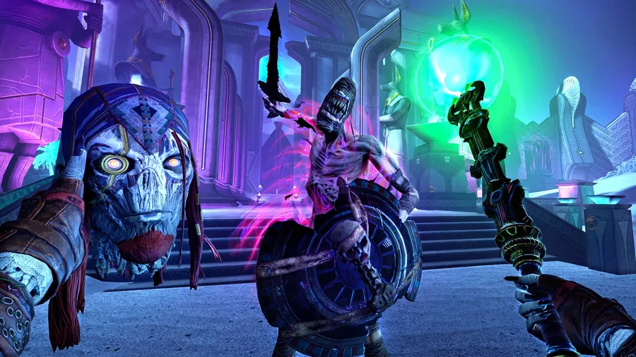 Capture d'écran du RPG VR Asgard's Wrath 2 montrant un combat mythologique et des environnements fantasy épiques