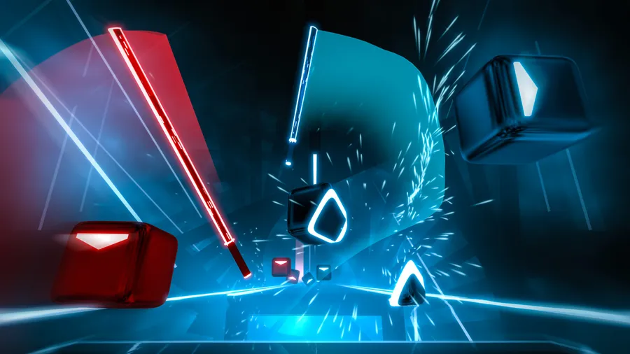 Capture d'écran du jeu de rythme VR Beat Saber montrant un gameplay avec sabres laser avec des blocs néon et visualisation musicale