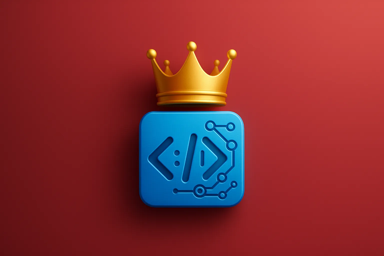 Modèle 3D d'un éditeur de code sur le thème de l'IA avec une couronne dorée sur le dessus