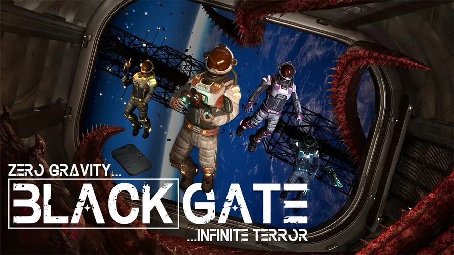 Capture d'écran du jeu VR BlackGate montrant un environnement sombre de station spatiale avec un gameplay d'horreur multijoueur en gravité zéro