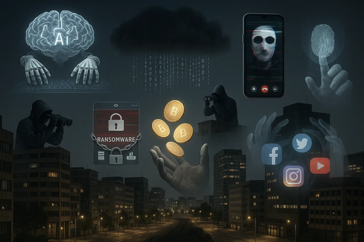 Illustration montrant diverses menaces de cybersécurité incluant un cadenas fissuré, une silhouette de hacker et des icônes de bouclier numérique représentant la protection