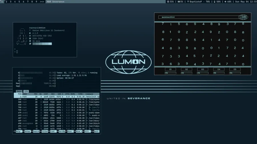 DWM window manager with a tiling layout and custom status bar