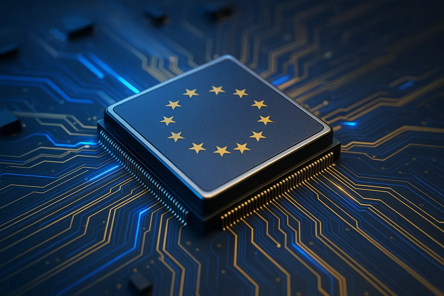 Drapeau de l'Union européenne avec des puces électroniques et une visualisation d'IA