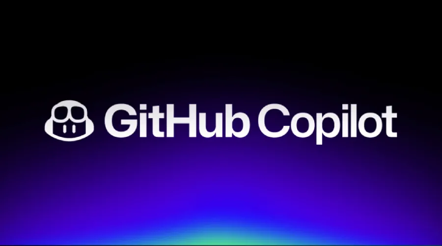 GitHub Copilot logo wordmark on a gradient background