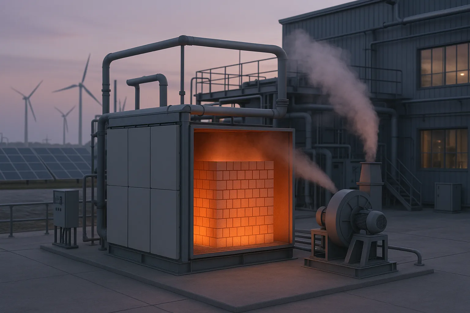 Rendu 3D d'un système de stockage d'énergie par briques thermiques montrant des briques chauffées rougeoyant orange avec des tuyaux de transfert de chaleur et des contrôles industriels