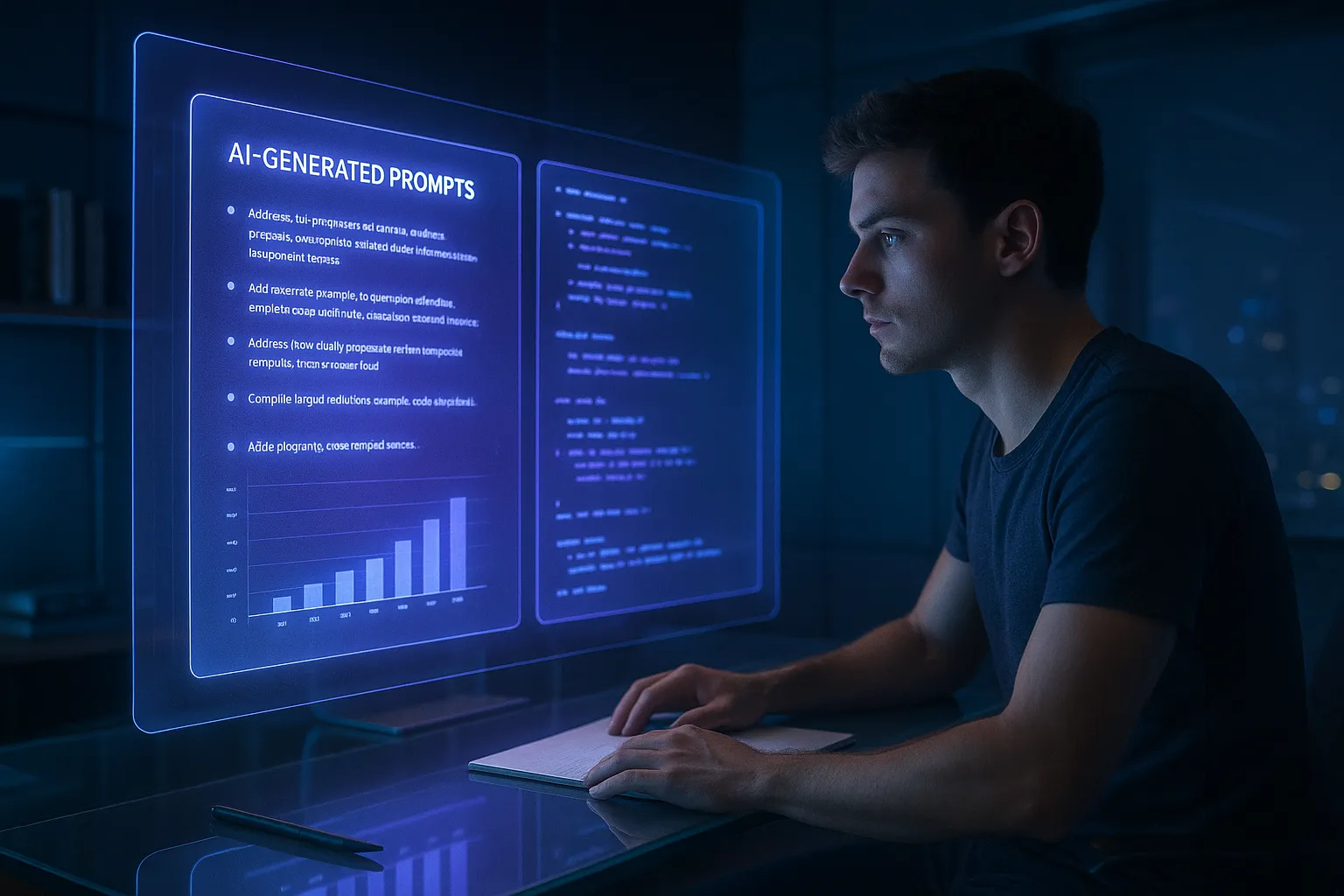 Image conceptuelle de l'IA guidant une personne à travers un processus d'apprentissage utilisant le meta-prompting.