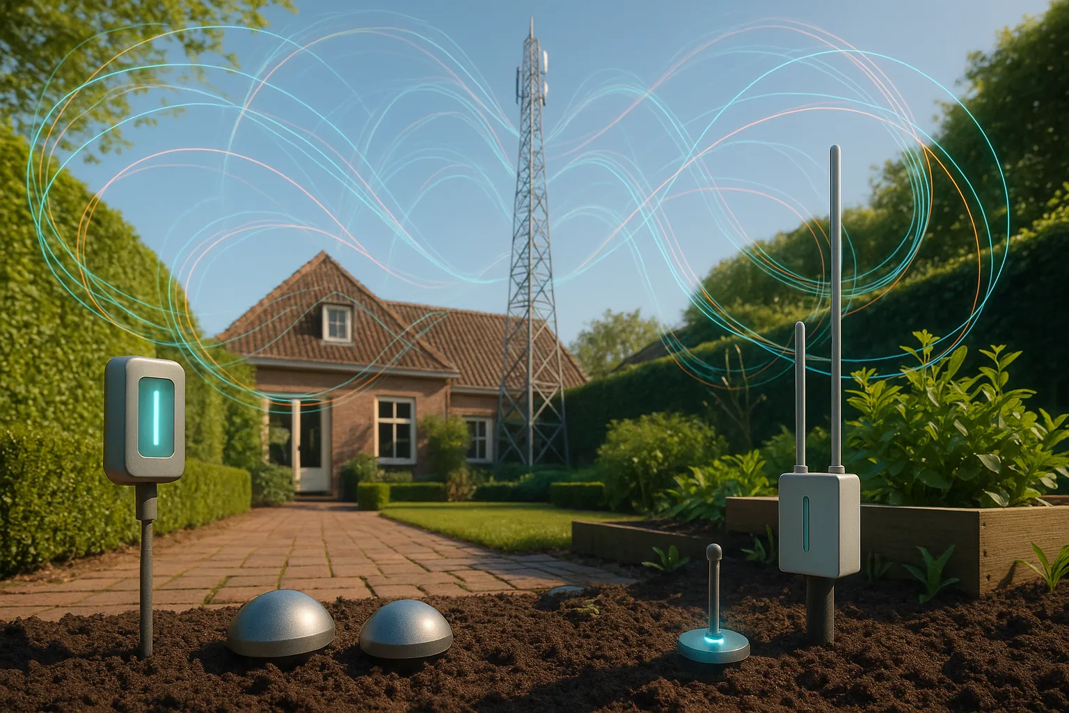 Illustration d'ondes radio FM transmettant des modèles d'IA vers des appareils intelligents