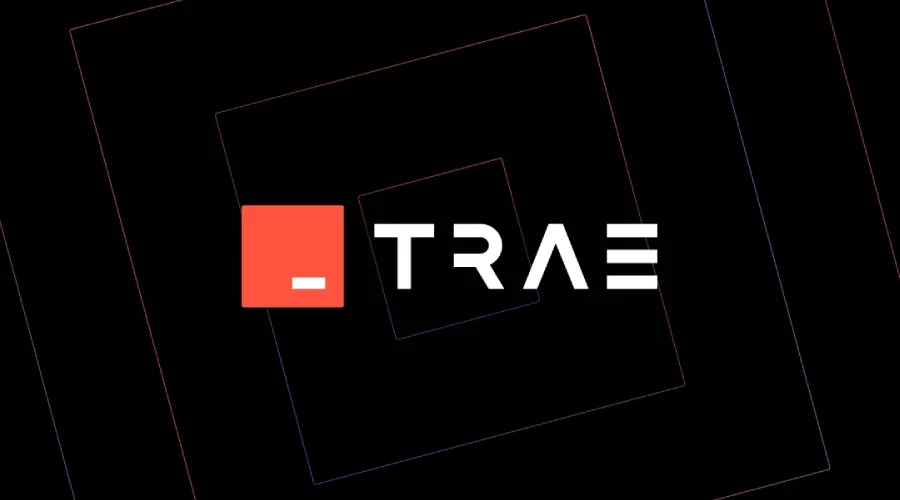 Trae logo wordmark on a black background with colorful lines