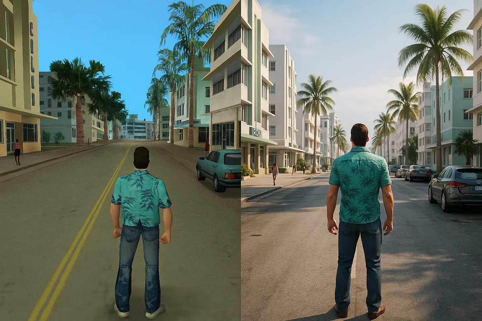 Comparaison côte à côte des graphiques originaux de GTA Vice City de 2002 et du remaster Next-Gen Edition de 2025