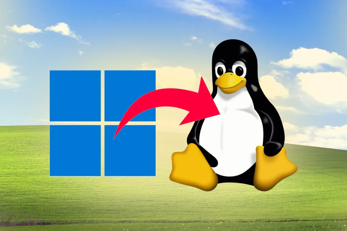 Illustration symbolisant la transition de Microsoft Windows vers Linux, présentant le logo Windows à côté de la mascotte Tux de Linux.